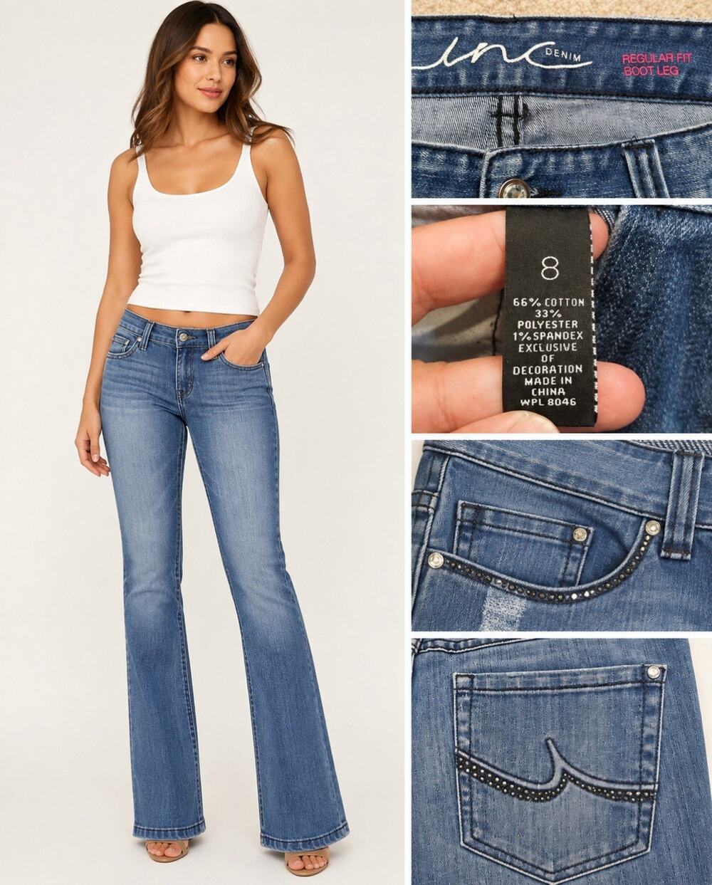 Y2K INC Denim Women's Bootcut Jeans Size 8 Medium Wash Rhinestone Pockets